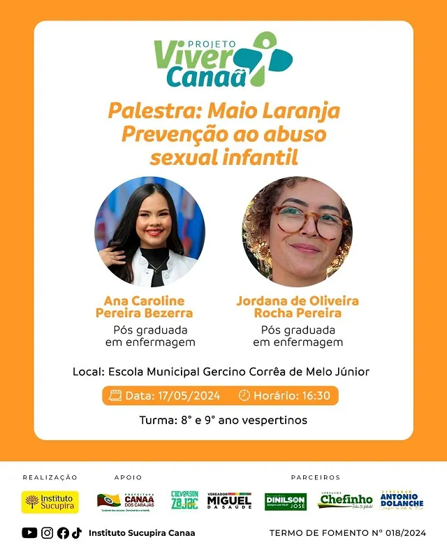 Maio Laranja: Instituto Sucupira promove palestra sobre a prevenção ao abuso sexual infantil.