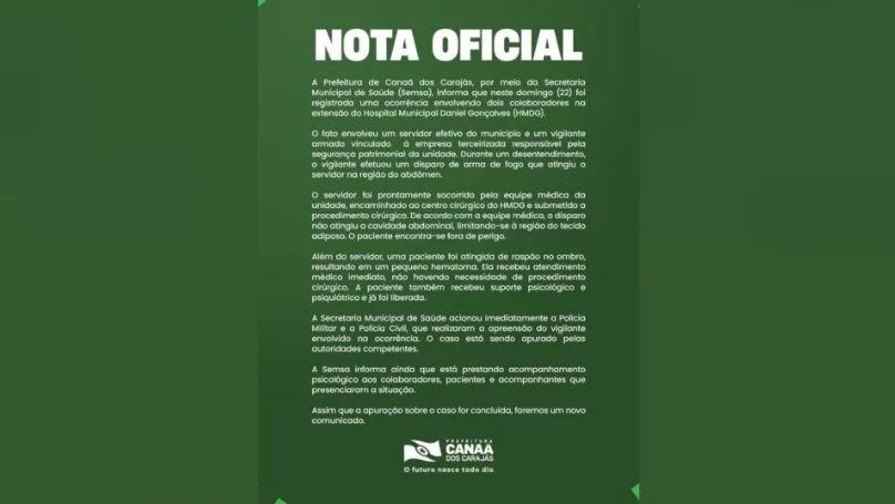 Vigilante é preso após disparar contra servidor em hospital de Canaã dos Carajás